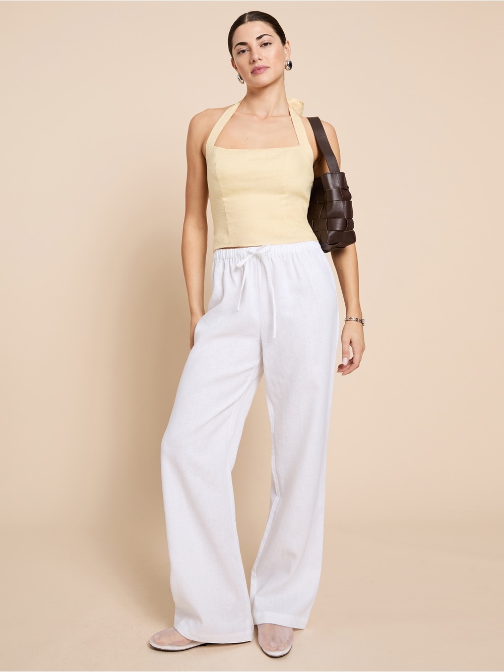 Few Moda Caara Women's Wide-Leg Drawstring Linen Pants in White